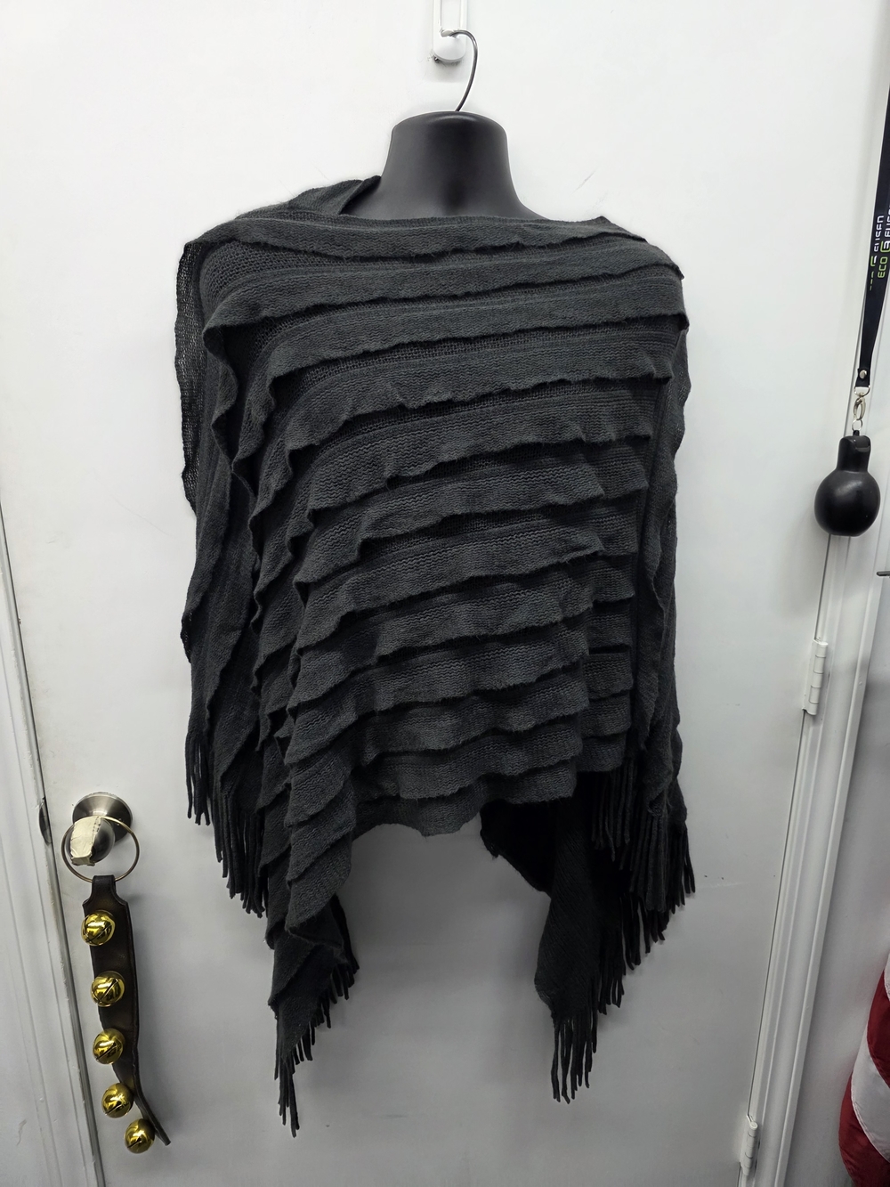 Max Edition Dark Gray Layered Fringe Knit Poncho